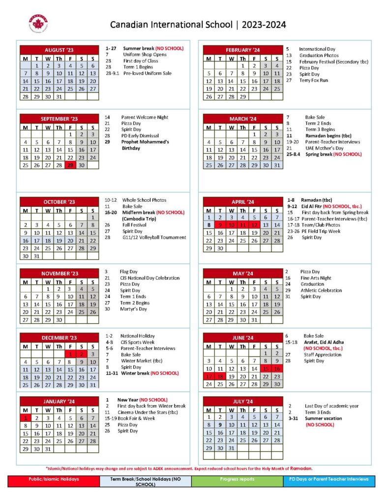 SCHOOL CALENDAR – CANADIAN INTERNATIONAL SCHOOL