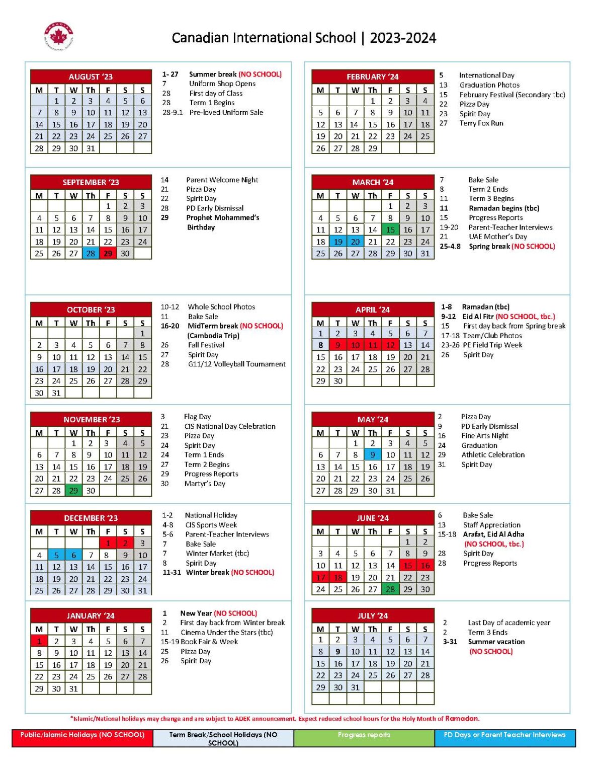 SCHOOL CALENDAR – CANADIAN INTERNATIONAL SCHOOL